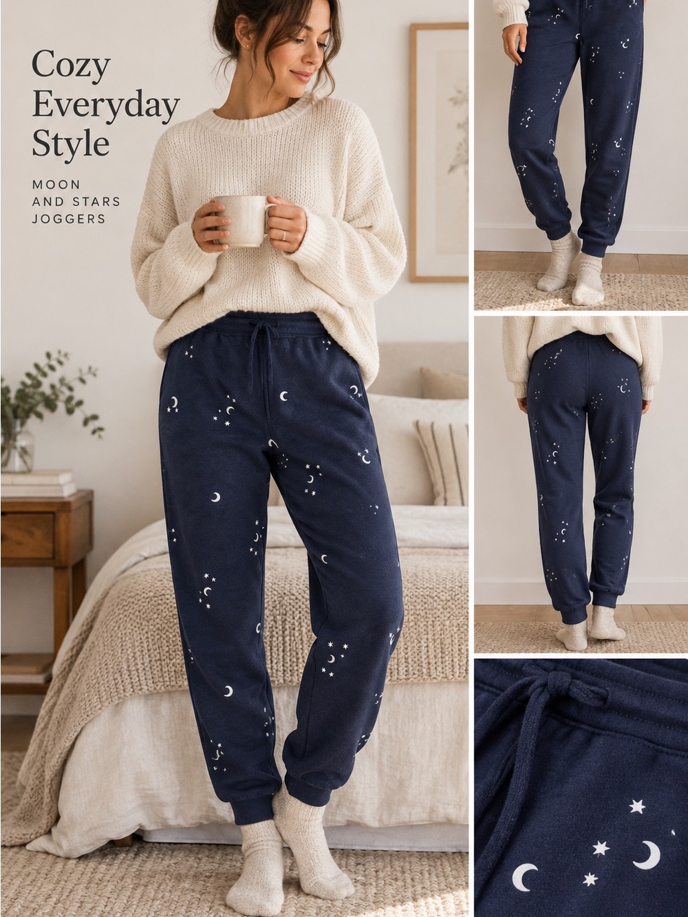 Cozy Navy embroidered stars and moon jogger sweatpants, lounge essential L